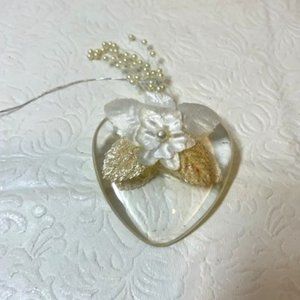 Lucite Heart Shape White Flowers Sparkling Leaves Pearls Sprigs Hanging Ornament
